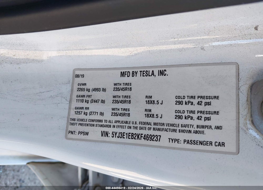 2019 TESLA MODEL 3 LONG RANGE/PERFORMANCE VIN: 5YJ3E1EB2KF469237