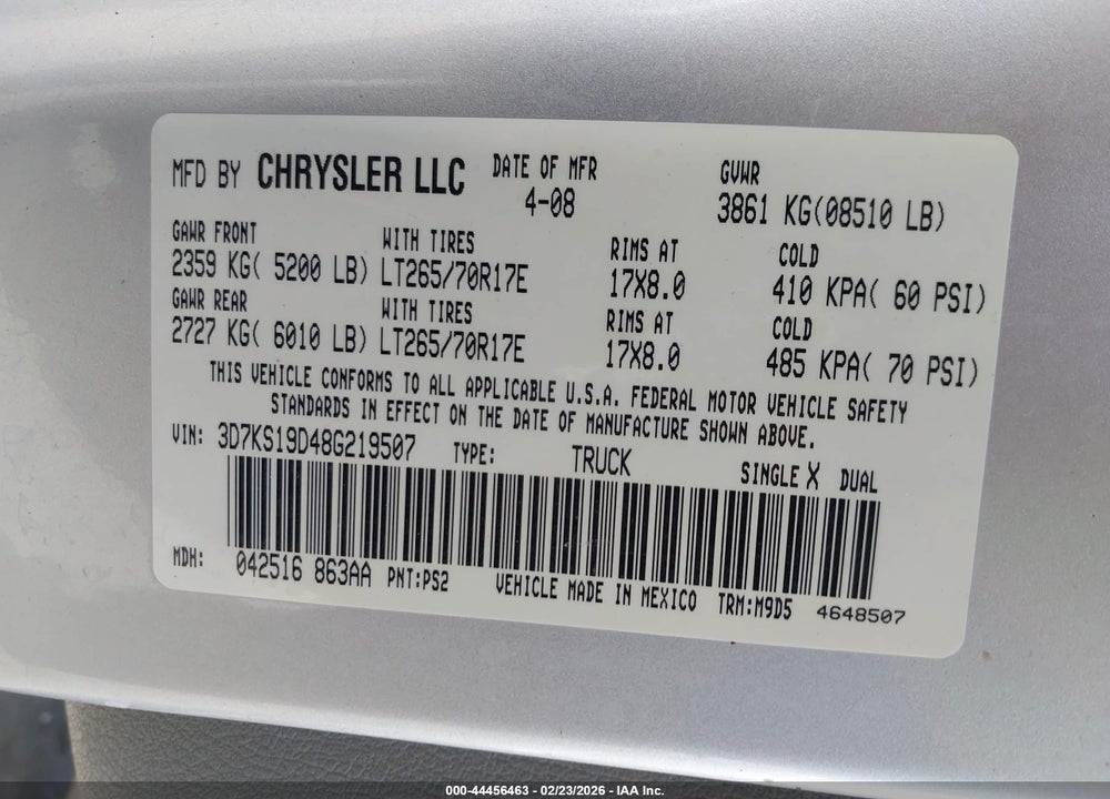 2008 DODGE RAM 1500 SXT/SLT VIN: 3D7KS19D48G219507