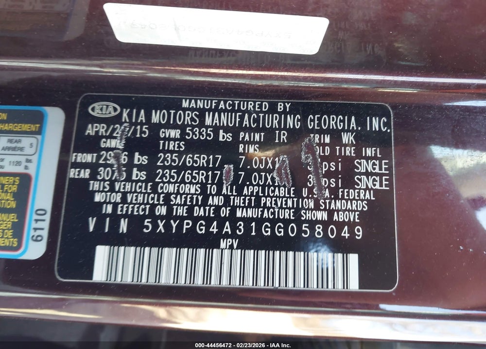 2016 KIA SORENTO 2.4L LX VIN: 5XYPG4A31GG058049