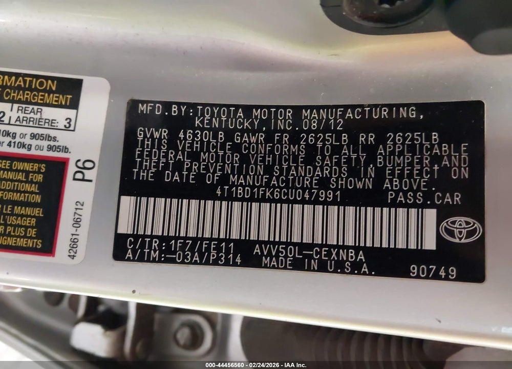 2012 TOYOTA CAMRY HYBRID LE VIN: 4T1BD1FK6CU047991