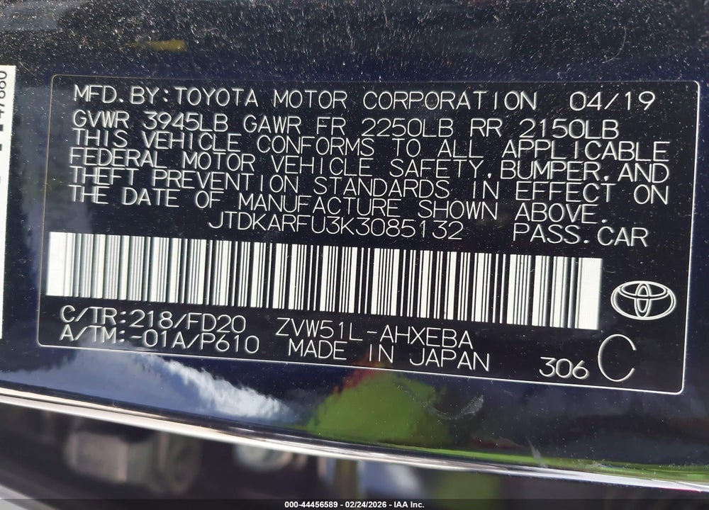2019 TOYOTA PRIUS LE VIN: JTDKARFU3K3085132