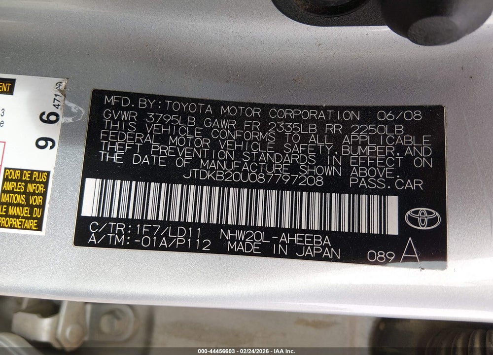 2008 TOYOTA PRIUS TOURING VIN: JTDKB20U087797208