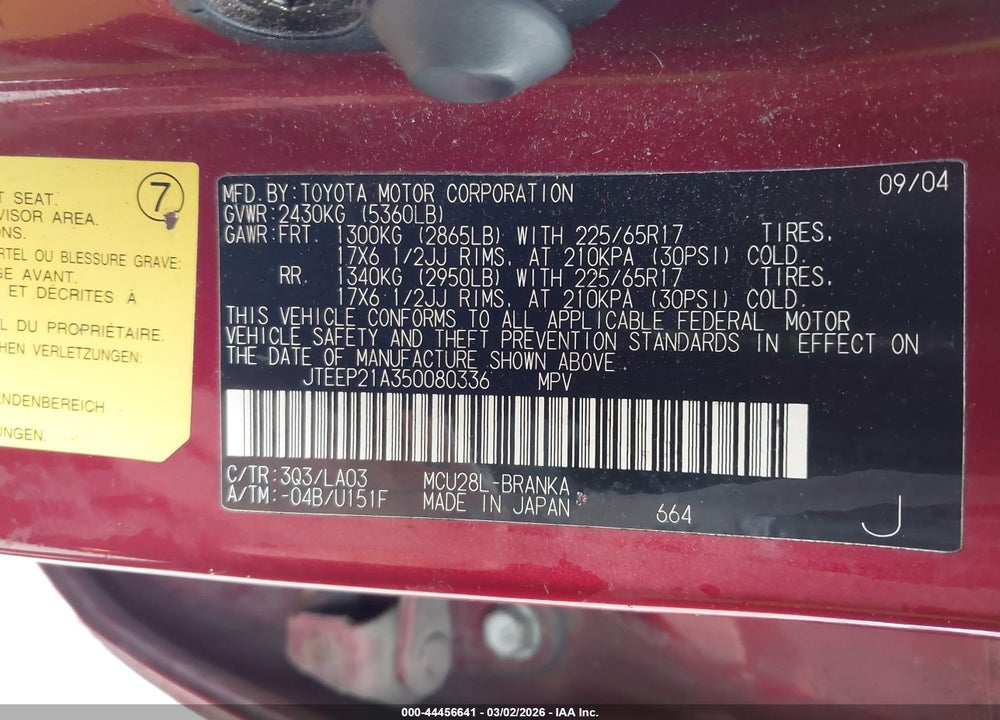 2005 TOYOTA HIGHLANDER LIMITED V6 VIN: JTEEP21A350080336