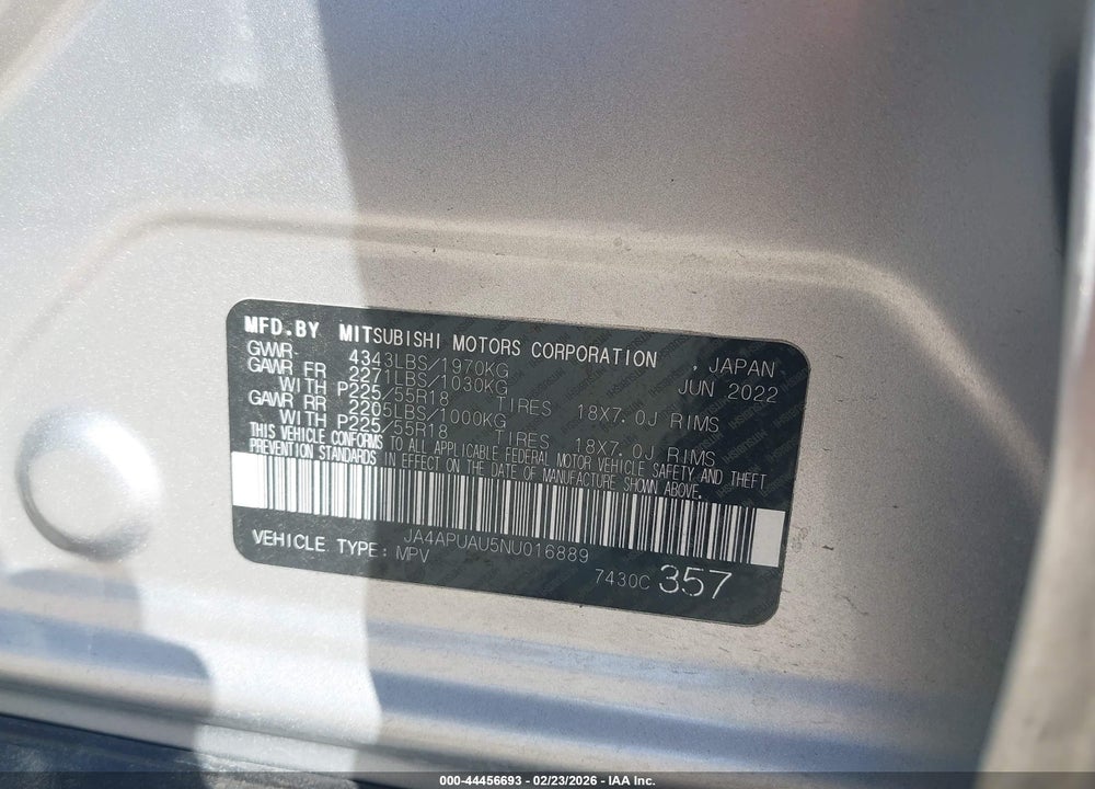 2022 MITSUBISHI OUTLANDER SPORT 2.0 BE 2WD/2.0 ES 2WD/2.0 LE 2WD/2.0 S 2WD VIN: JA4APUAU5NU016889