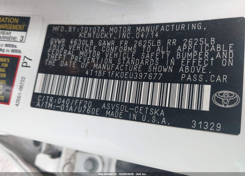 2014 TOYOTA CAMRY SE VIN: 4T1BF1FK0EU397677