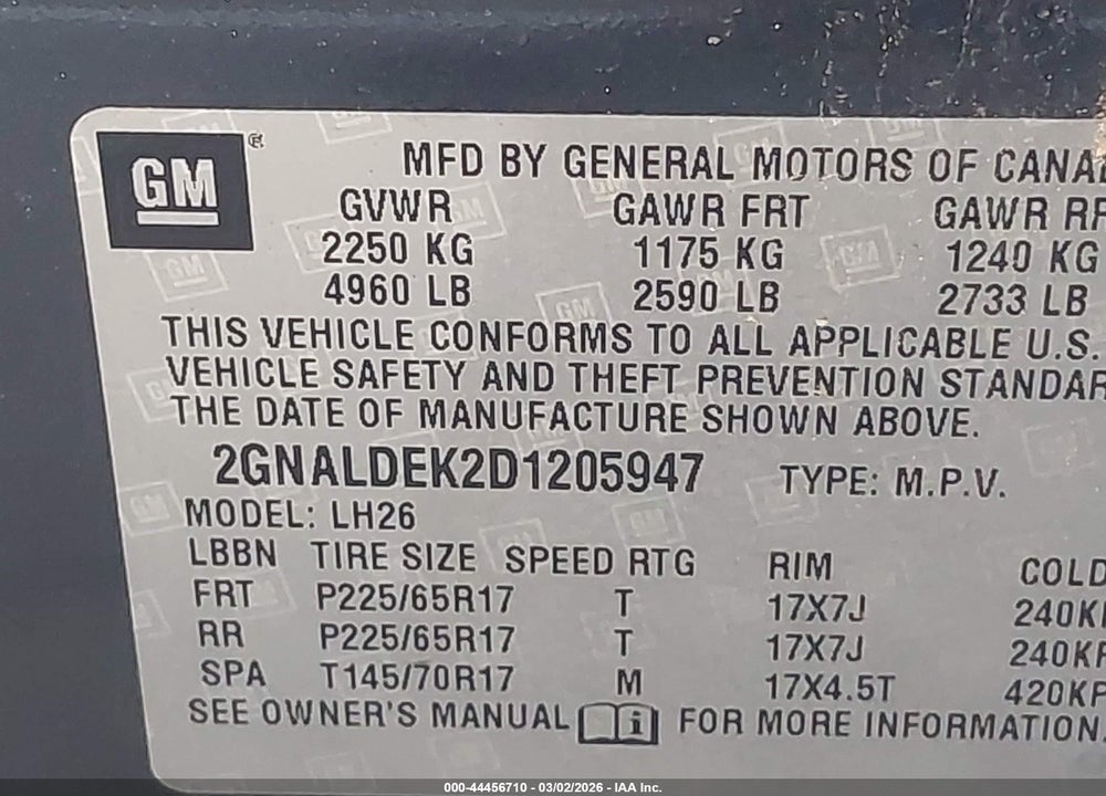 2013 CHEVROLET EQUINOX 1LT VIN: 2GNALDEK2D1205947