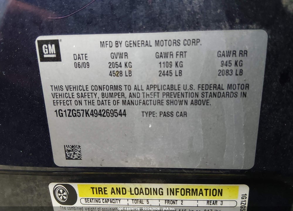 2009 CHEVROLET MALIBU LS VIN: 1G1ZG57K494269544