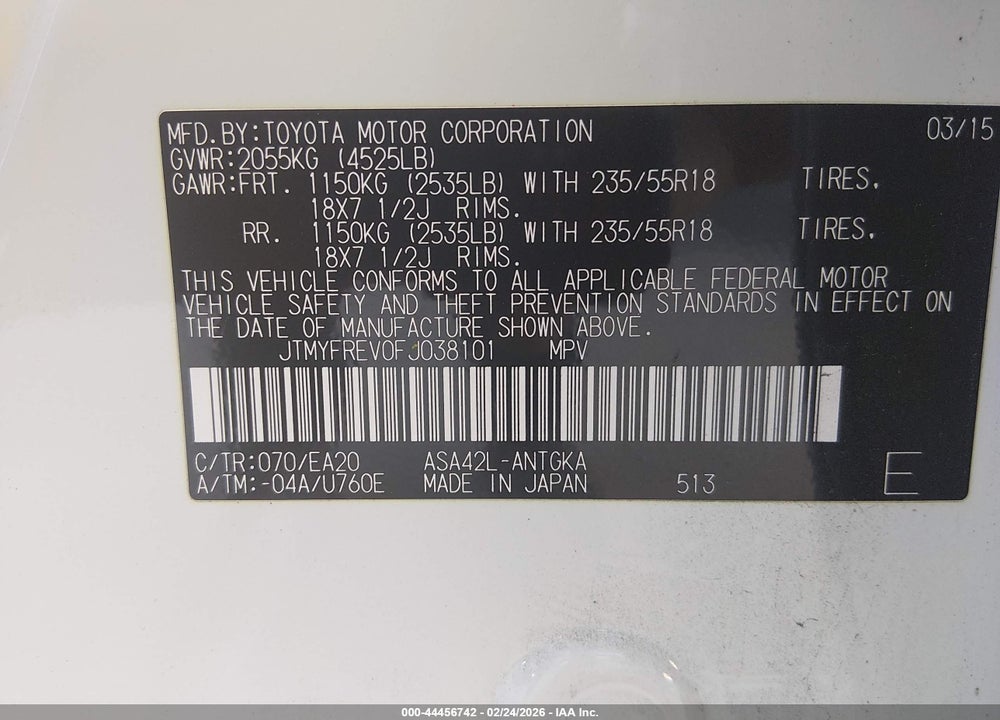 2015 TOYOTA RAV4 LIMITED VIN: JTMYFREV0FJ038101