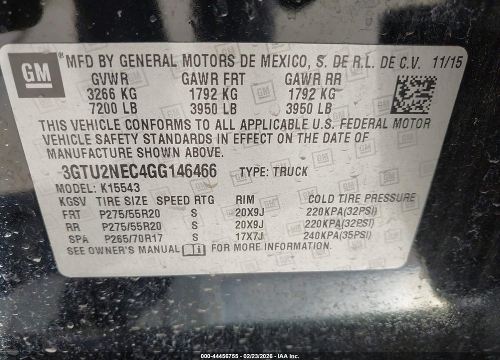 2016 GMC SIERRA 1500 SLT VIN: 3GTU2NEC4GG146466