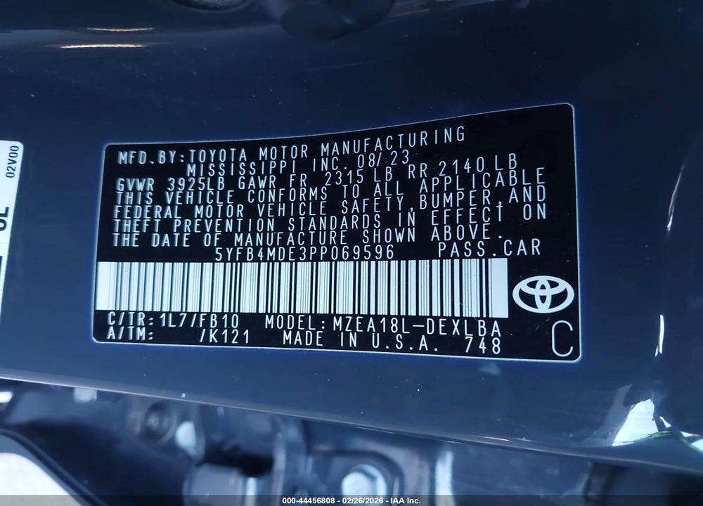 2023 TOYOTA COROLLA LE VIN: 5YFB4MDE3PP069596