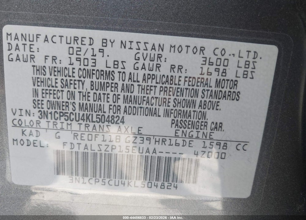 2019 NISSAN KICKS VIN: 3N1CP5CU4KL504824