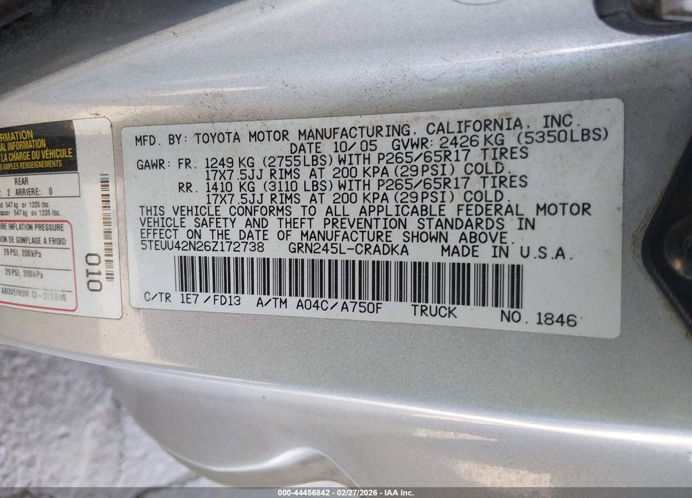 2006 TOYOTA TACOMA BASE V6 VIN: 5TEUU42N26Z172738
