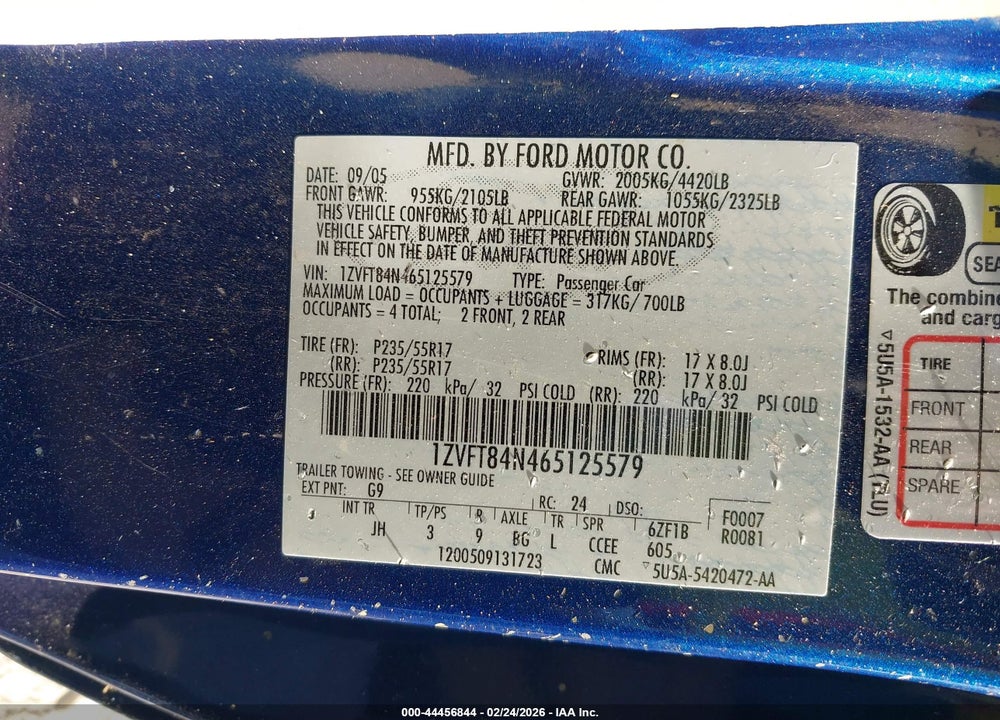 2006 FORD MUSTANG V6 VIN: 1ZVFT84N465125579