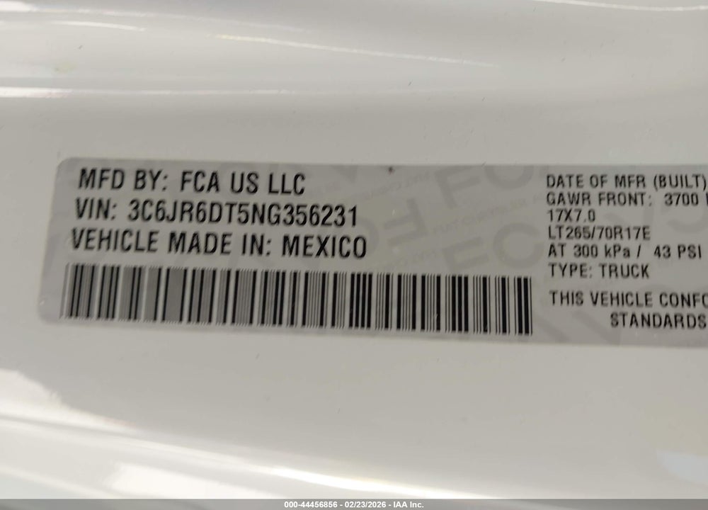 2022 RAM 1500 CLASSIC VIN: 3C6JR6DT5NG356231