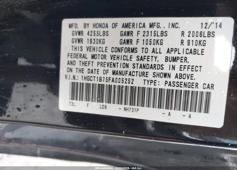 2015 HONDA ACCORD EX VIN: 1HGCT1B75FA005252