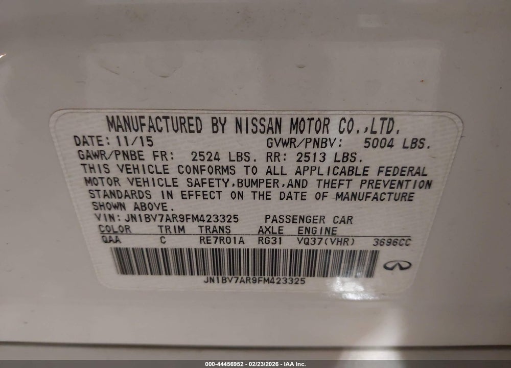 2015 INFINITI Q50 PREMIUM VIN: JN1BV7AR9FM423325