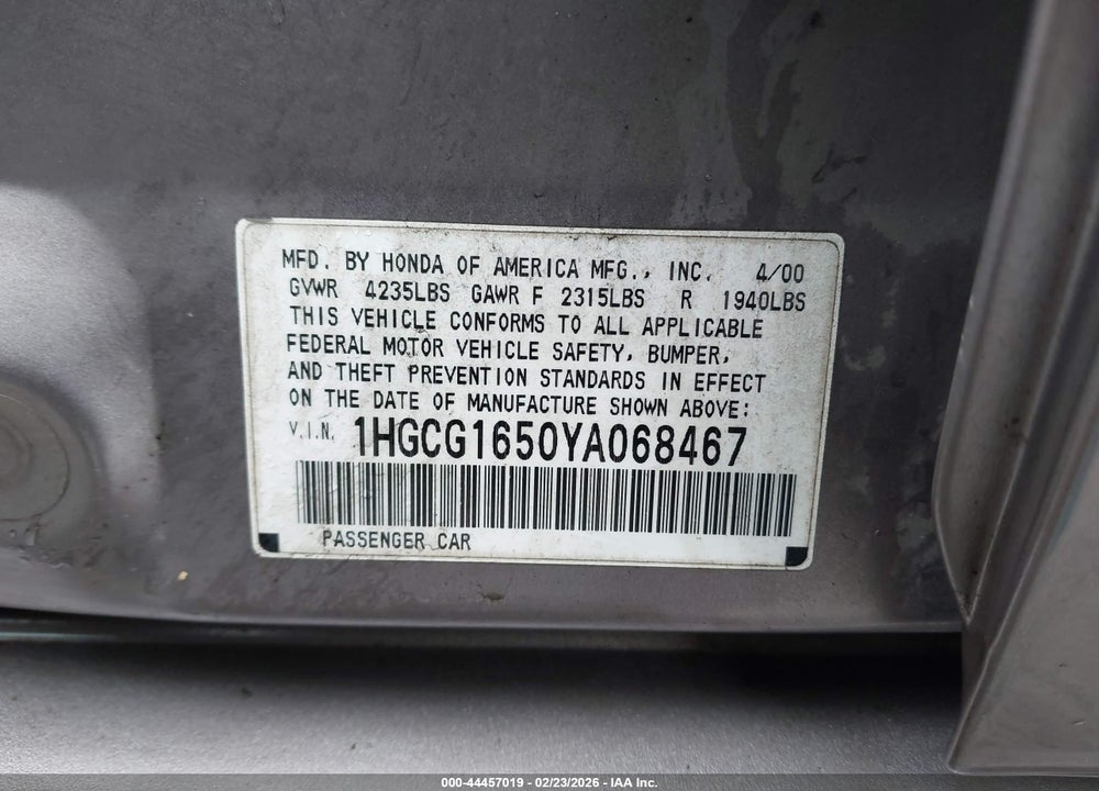 2000 HONDA ACCORD 3.0 EX VIN: 1HGCG1650YA068467
