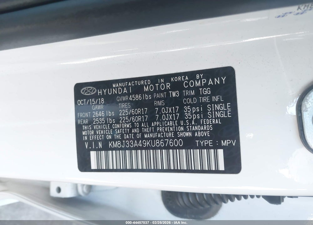 2019 HYUNDAI TUCSON VALUE VIN: KM8J33A49KU867600