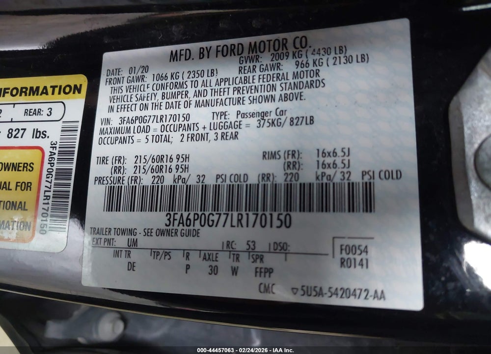 2020 FORD FUSION S VIN: 3FA6P0G77LR170150