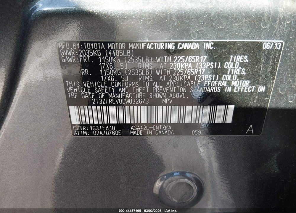 2013 TOYOTA RAV4 LE VIN: 2T3ZFREV0DW032673