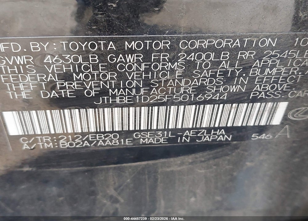 2015 LEXUS IS 350 VIN: JTHBE1D25F5016944