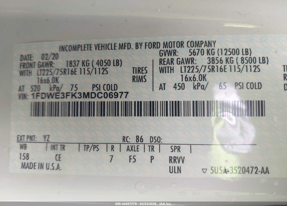 2021 FORD E-350 CUTAWAY VIN: 1FDWE3FK3MDC06977