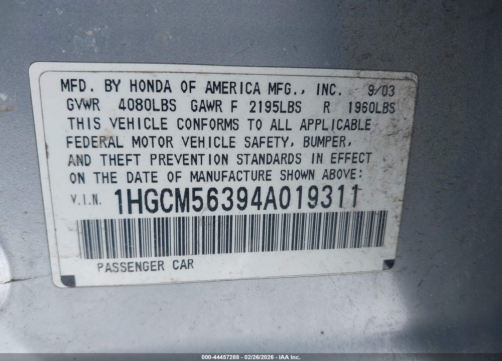 2004 HONDA ACCORD 2.4 LX VIN: 1HGCM56394A019311