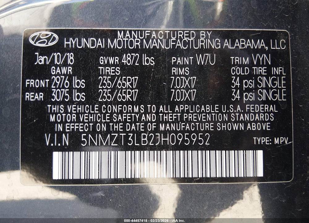 2018 HYUNDAI SANTA FE SPORT 2.4L VIN: 5NMZT3LB2JH095952