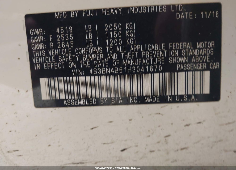 2017 SUBARU LEGACY 2.5I VIN: 4S3BNAB61H3041670