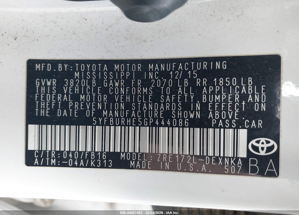 2016 TOYOTA COROLLA LE PLUS VIN: 5YFBURHE5GP444086