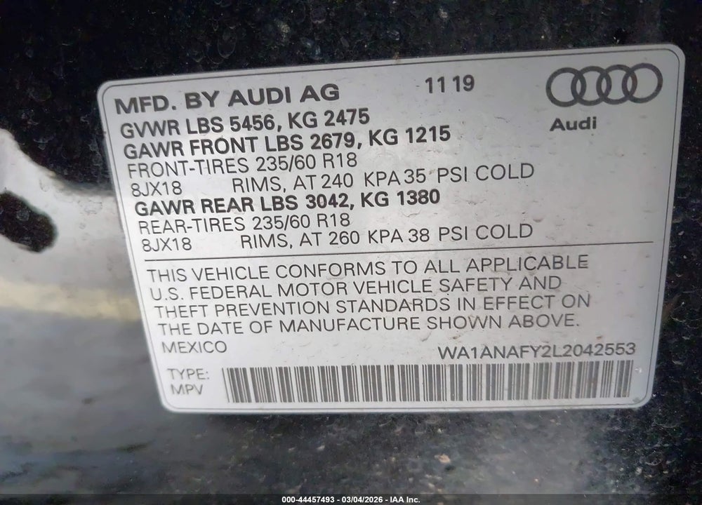 2020 AUDI Q5 PREMIUM 45 TFSI QUATTRO S TRONIC VIN: WA1ANAFY2L2042553