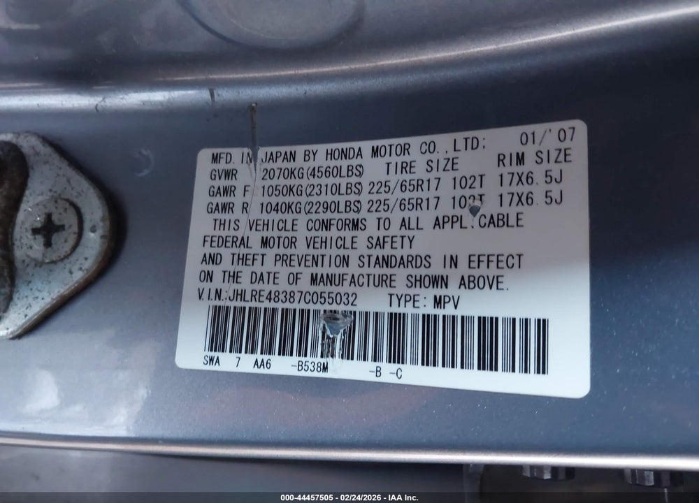 2007 HONDA CR-V LX VIN: JHLRE48387C055032