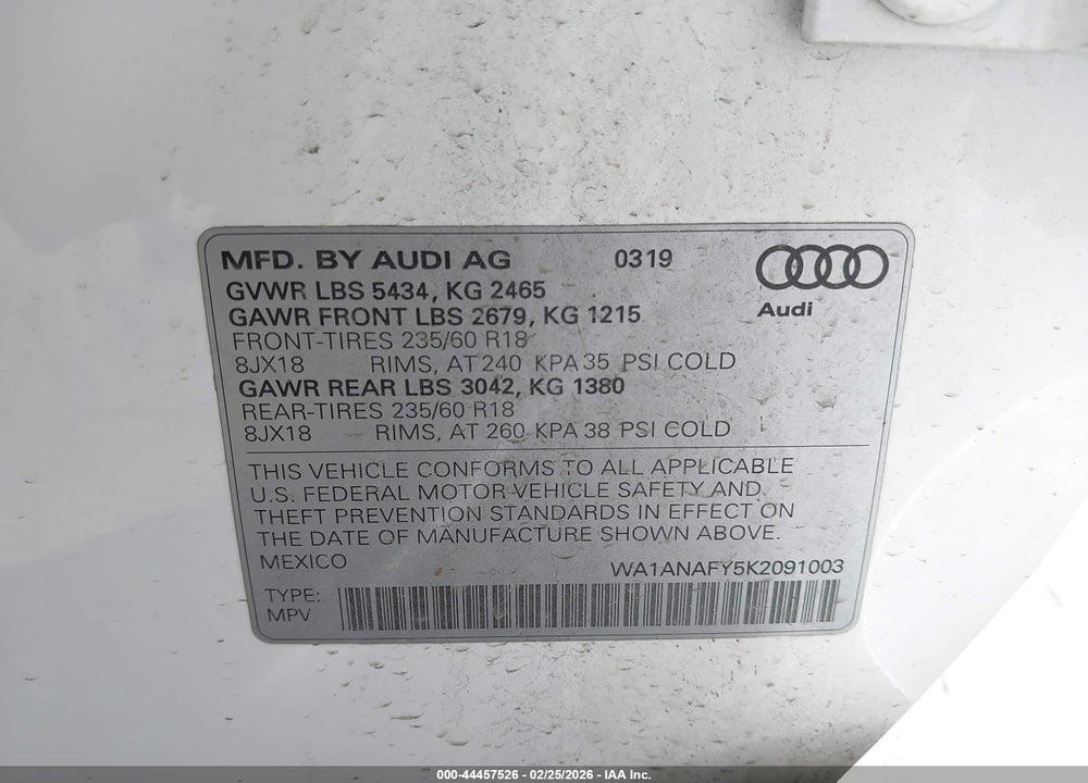 2019 AUDI Q5 45 PREMIUM VIN: WA1ANAFY5K2091003