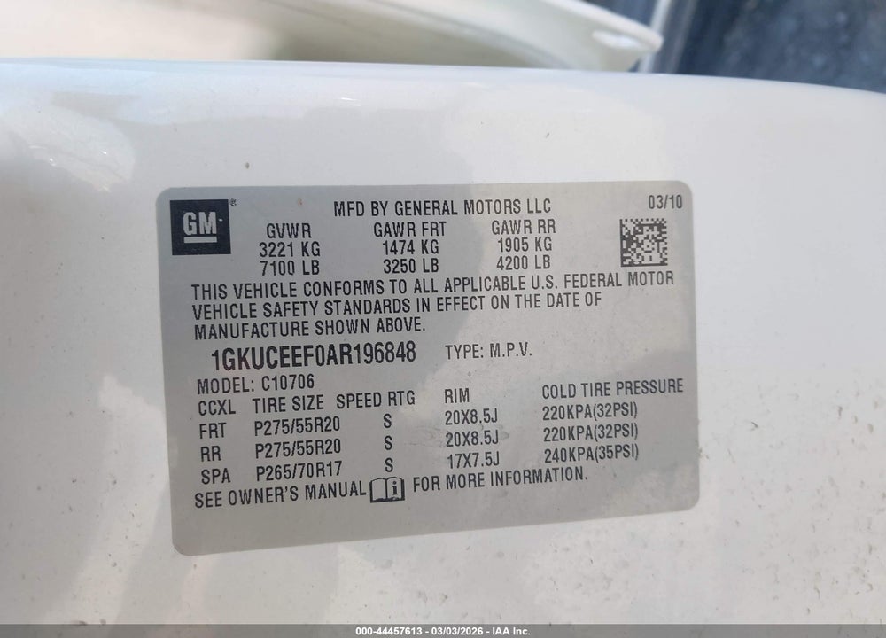 2010 GMC YUKON DENALI VIN: 1GKUCEEF0AR196848
