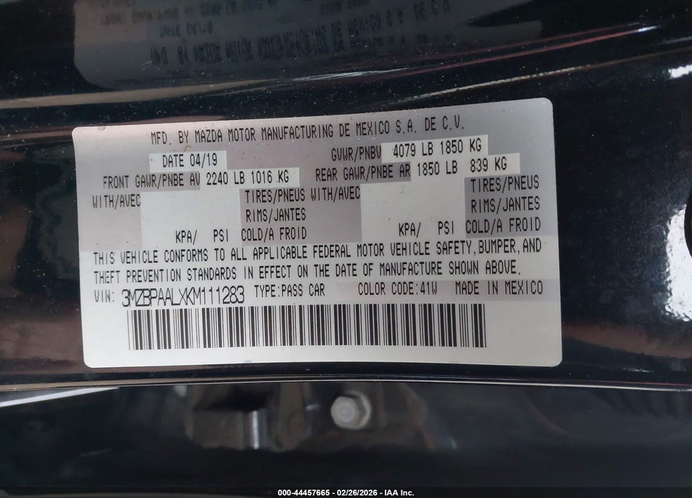 2019 MAZDA 3 SELECT PACKAGE VIN: 3MZBPAALXKM111283