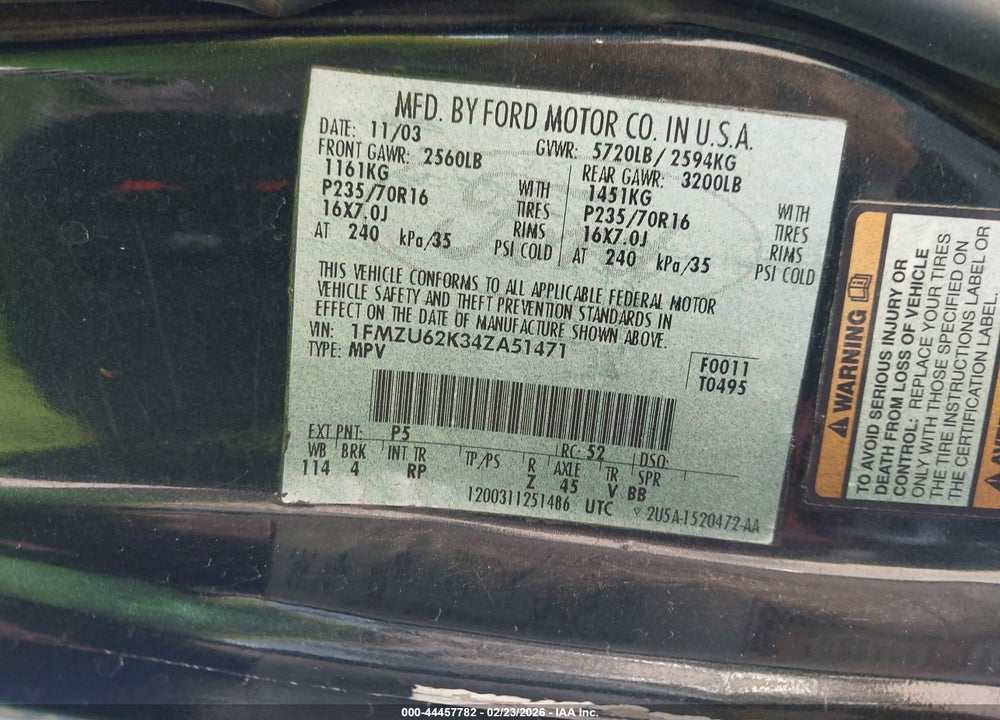 2004 FORD EXPLORER XLS VIN: 1FMZU62K34ZA51471