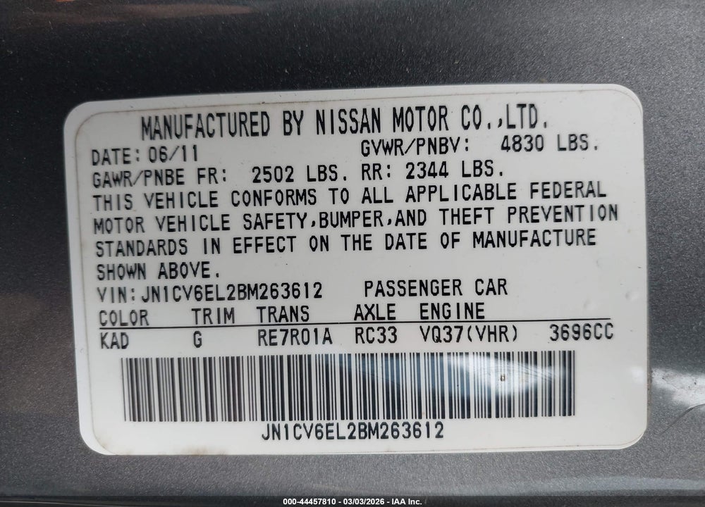 2011 INFINITI G37X VIN: JN1CV6EL2BM263612