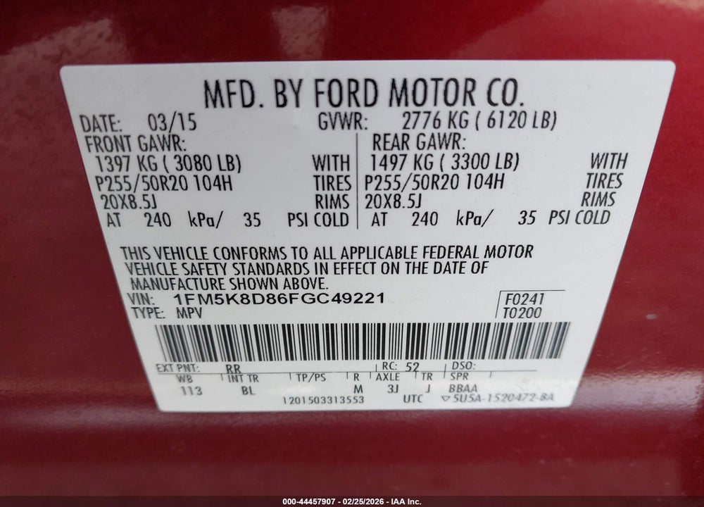 2015 FORD EXPLORER XLT VIN: 1FM5K8D86FGC49221