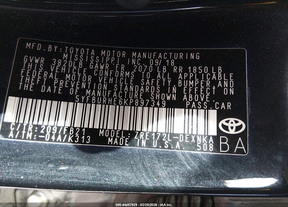 2019 TOYOTA COROLLA LE VIN: 5YFBURHE6KP897349