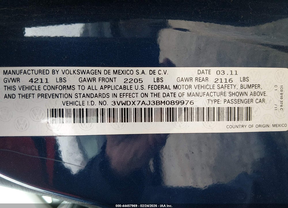 2011 VOLKSWAGEN JETTA 2.5L SE VIN: 3VWDX7AJ3BM089976