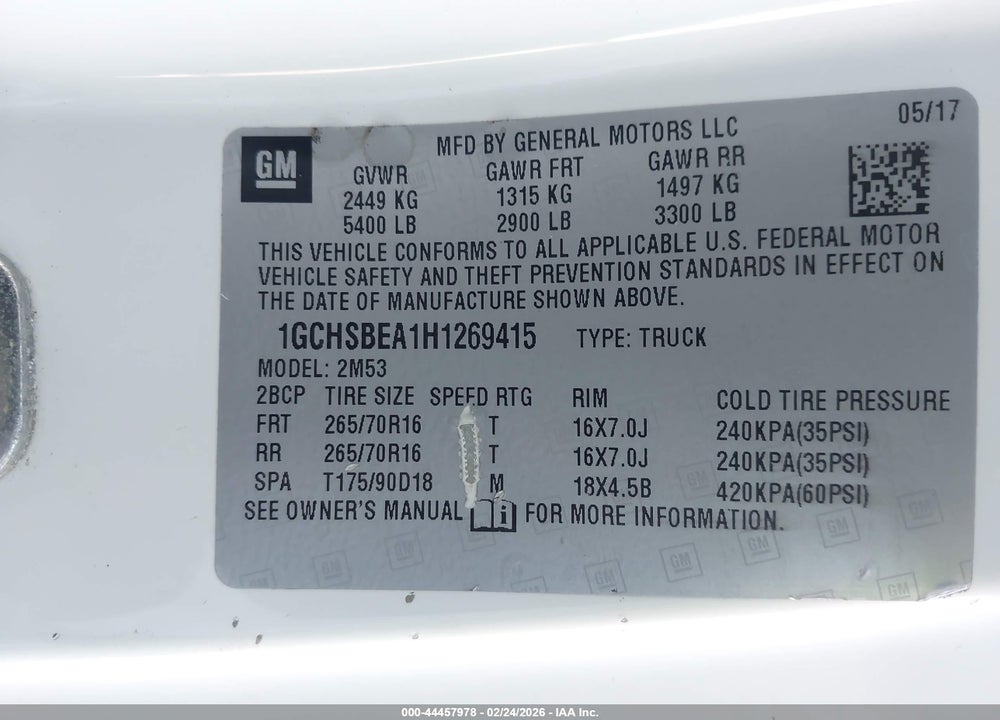 2017 CHEVROLET COLORADO WT VIN: 1GCHSBEA1H1269415