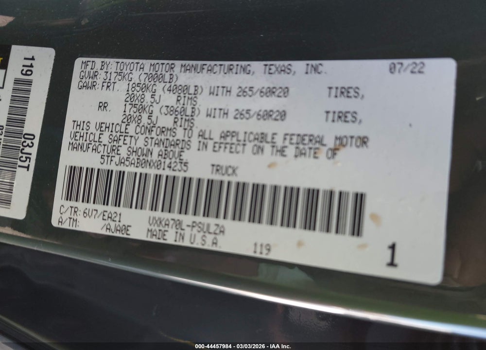 2022 TOYOTA TUNDRA LIMITED VIN: 5TFJA5AB0NX014235