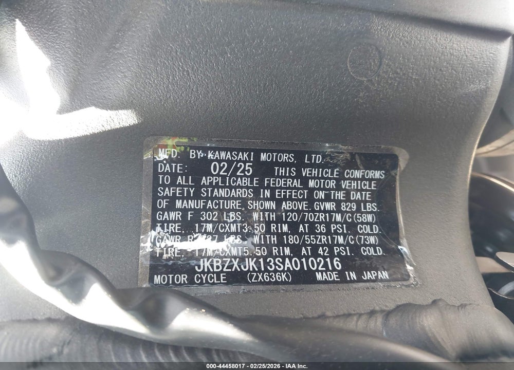 2025 KAWASAKI ZX636 K VIN: JKBZXJK13SA010216