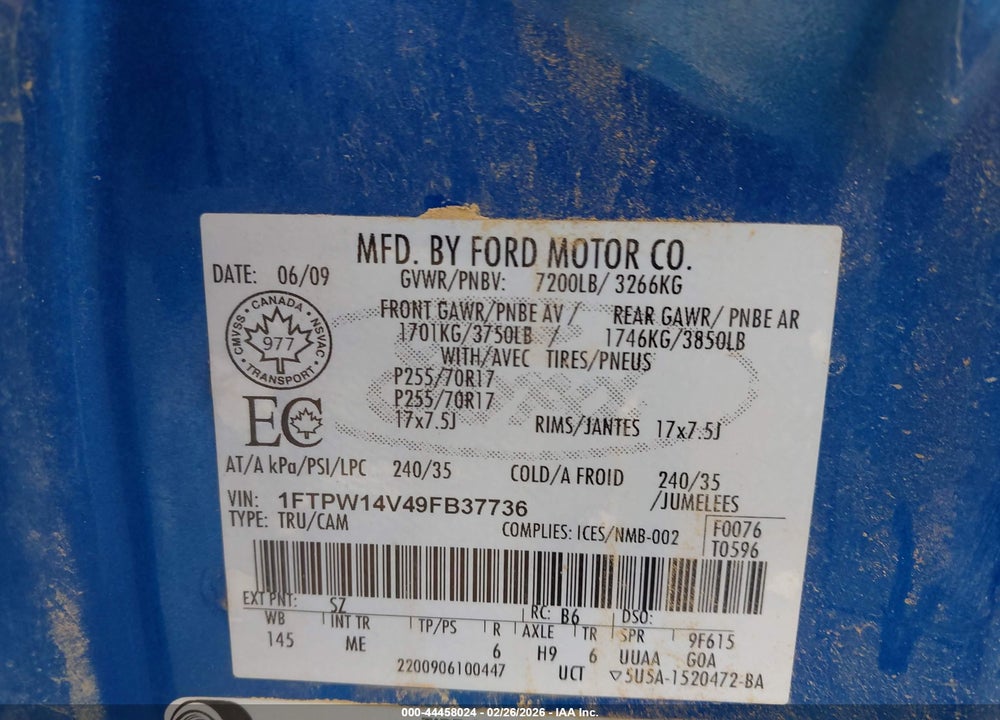 2009 FORD F-150 FX4/KING RANCH/LARIAT/PLATINUM/XL/XLT VIN: 1FTPW14V49FB37736