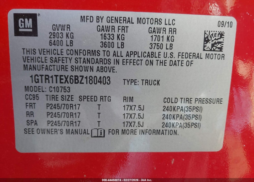 2011 GMC SIERRA 1500 WORK TRUCK VIN: 1GTR1TEX6BZ180403