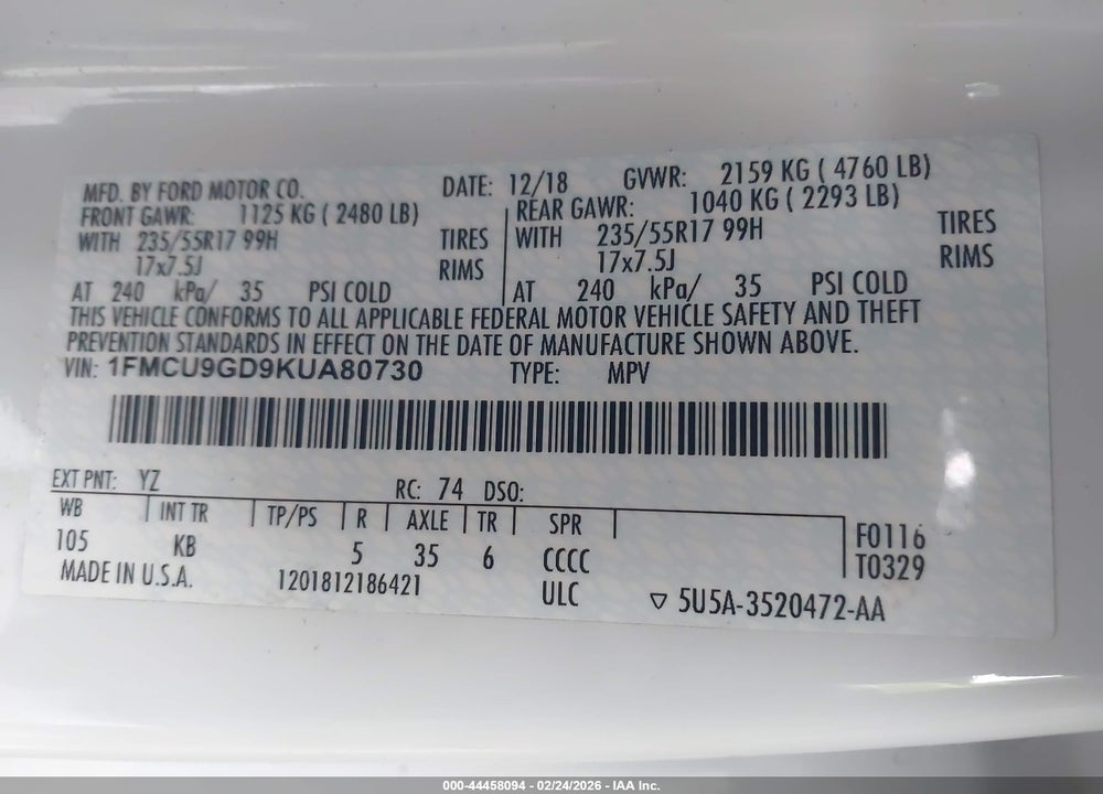 2019 FORD ESCAPE SE VIN: 1FMCU9GD9KUA80730