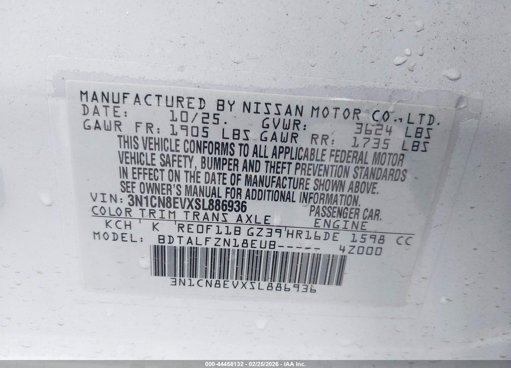 2025 NISSAN VERSA 1.6 SV VIN: 3N1CN8EVXSL886936
