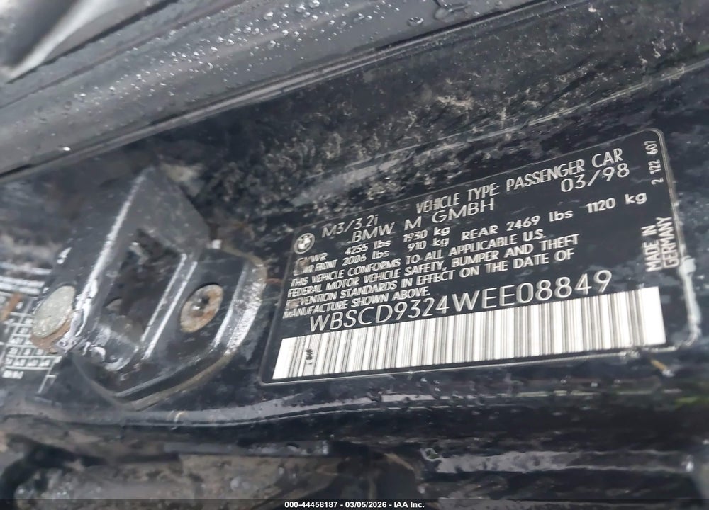 1998 BMW M3 VIN: WBSCD9324WEE08849