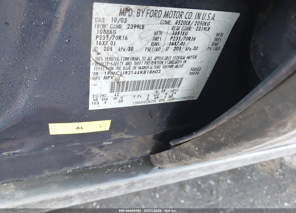 2004 FORD ESCAPE XLT VIN: 1FMCU93144KB18603