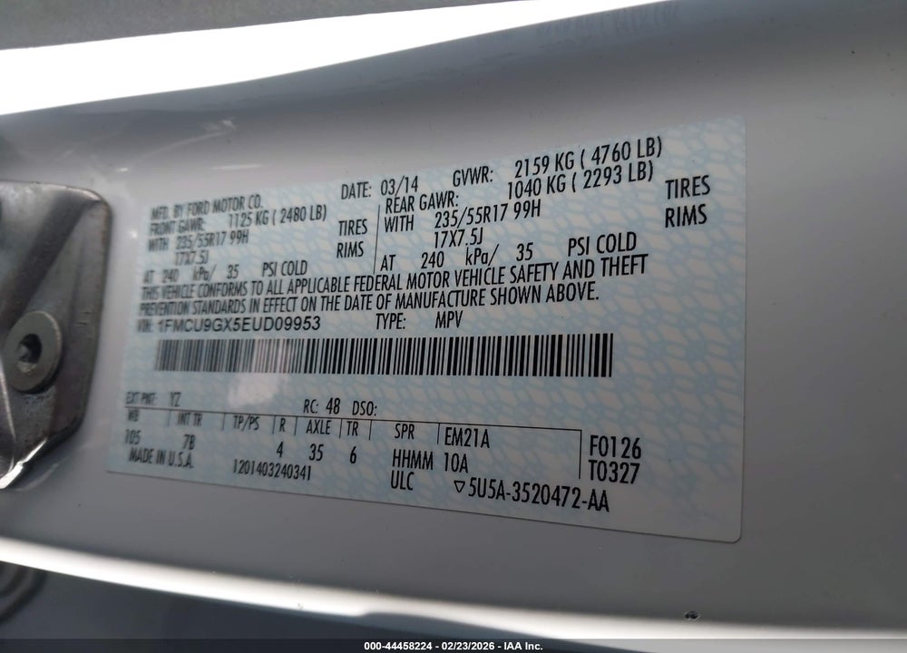 2014 FORD ESCAPE SE VIN: 1FMCU9GX5EUD09953